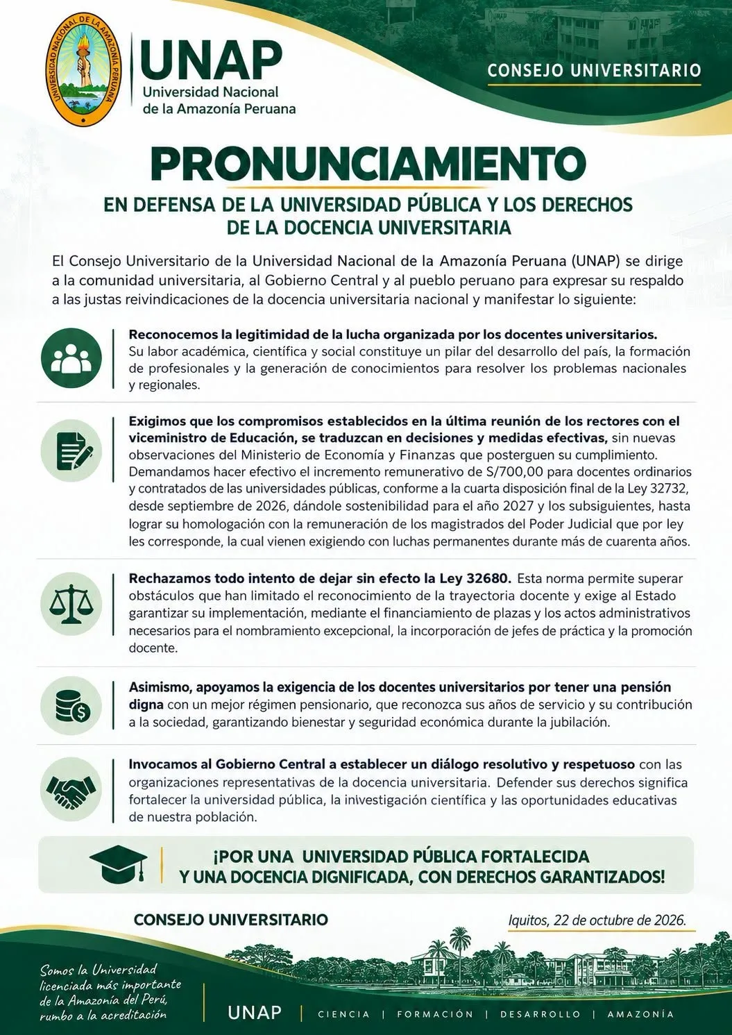 PRONUNCIAMIENTO: EN DEFENSA DE LA UNIVERSIDAD PÚBLICA Y LOS DERECHOS DE LA DOCENCIA UNIVERSITARIA