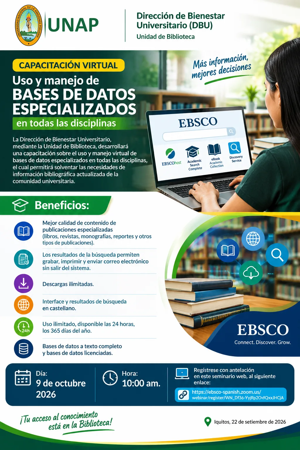 LA UNIDAD DE BIBLIOTECA DESARROLLARÁ UNA CAPACITACIÓN SOBRE EL USO Y MANEJO VIRTUAL DE BASES DE DATOS ESPECIALIZADOS