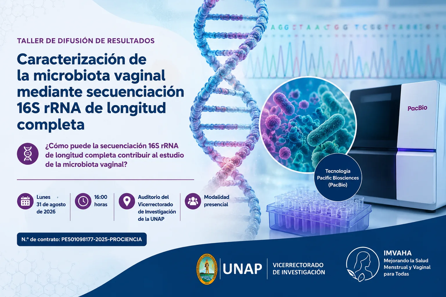Taller de investigación UNAP sobre caracterización de la microbiota vaginal mediante secuenciación 16S rRNA y tecnología PacBio.